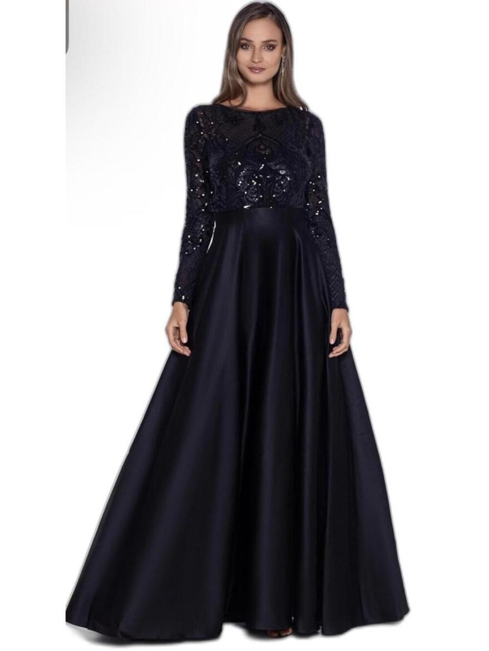 New Betsy & Adam Sequin-Bodice Long Sleeve Ball Gown In Black Sz 14 $320